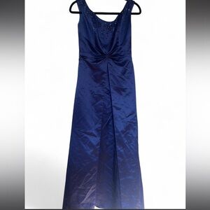 Beaded Scoop Neck Navy Evening Gown